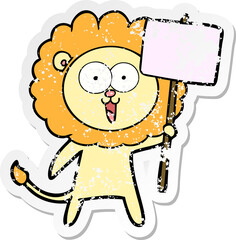 distressed sticker of a happy cartoon lion