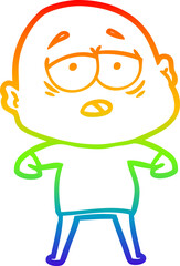 rainbow gradient line drawing of a cartoon tired bald man