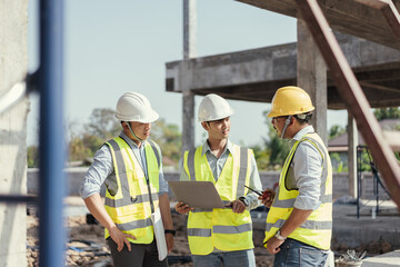 Civil engineer use computer labtop and discussing plan details in construction site. Building project with Civil Engineer,.