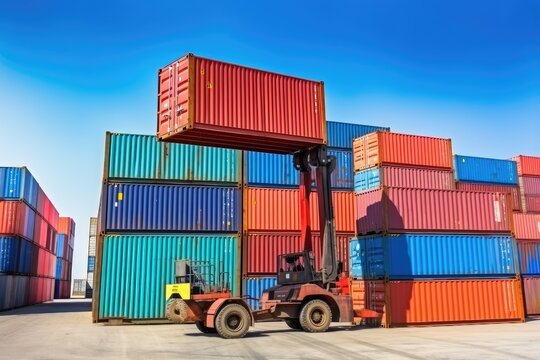 Container stacker crane lifting up stacking container box in yard, Container loading cargo freight in import and export business logistic company, Industry logistic and transportation