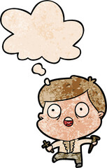 cartoon man hunting vampires with thought bubble in grunge texture style