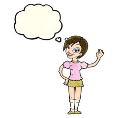 cartoon waving woman with thought bubble