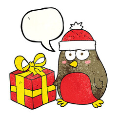 freehand speech bubble textured cartoon christmas robin