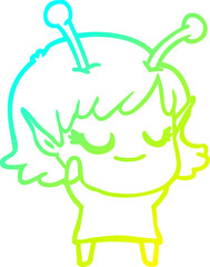 cold gradient line drawing of a smiling alien girl cartoon