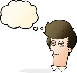 cartoon man with narrowed eyes with thought bubble