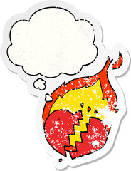 cartoon flaming heart with thought bubble as a distressed worn sticker