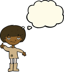 cartoon boy in poor clothing giving thumbs up symbol with thought bubble