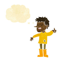 cartoon poor boy with positive attitude with thought bubble