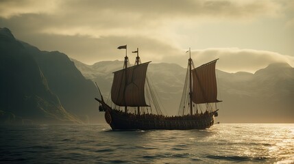Fototapeta na wymiar Viking ship entering a fjord landscape. sailor ship, Generative AI 
