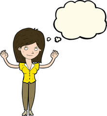 cartoon woman holding up hands with thought bubble