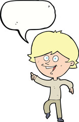 cartoon happy pointing man with speech bubble