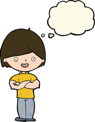 cartoon man with crossed arms with thought bubble