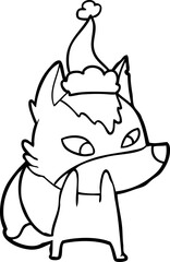 shy hand drawn line drawing of a wolf wearing santa hat
