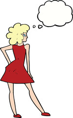 cartoon woman posing in dress with thought bubble