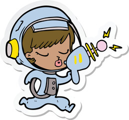 sticker of a cartoon pretty astronaut girl with ray gun