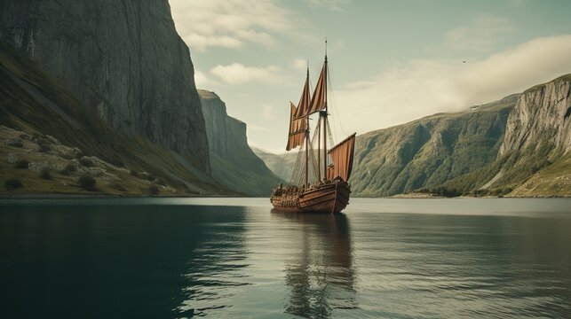 Viking ship entering a fjord landscape. sailor ship, Generative AI	
