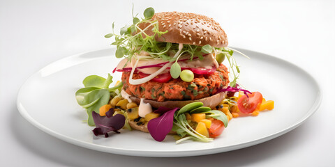 Vegan lentils burger with vegetables on a plate on white background. AI generated