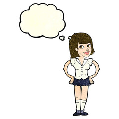 cartoon woman with hands on hips with thought bubble