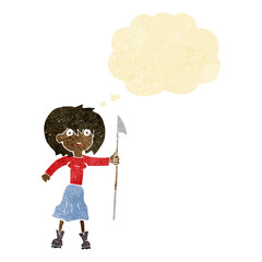 cartoon woman with harpoon with thought bubble