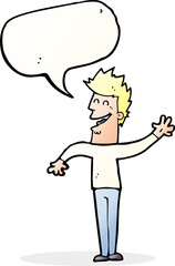 cartoon happy man waving with speech bubble
