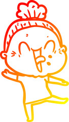 warm gradient line drawing of a cartoon happy old woman