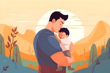 Fathers Day flat illustration with a young dad, hugging her child against the background of nature, warm colors, bright background. Holiday family concept. Ai generated.