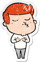 distressed sticker of a cartoon model guy pouting