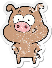 distressed sticker of a happy cartoon pig