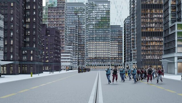 zombies running in a city. a city infested with zombies. group of zombies running towards the camera