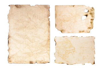 old paper sheet. Burnt manuscript or parchment isolated on white background