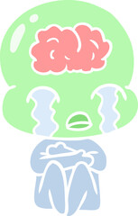 flat color style cartoon big brain alien crying