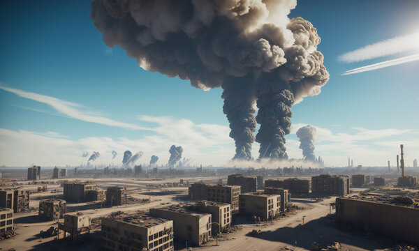 above view ruined city with clouds of smoke on the horizon. generative ai