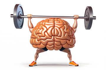 Human brain made of steel lifting a heavy dumbbell. Mind training concept. Generative AI