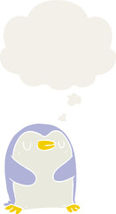 cartoon penguin with thought bubble in retro style