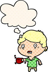 cartoon man with cup of coffee with thought bubble in comic book style