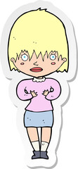 sticker of a cartoon woman making Who Me gesture