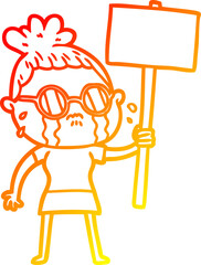 warm gradient line drawing of a cartoon crying woman wearing spectacles
