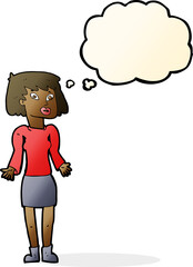 cartoon woman shrugging shoulders with thought bubble