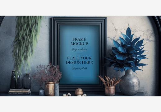 Stunning Home Decor: Blue Mirrors, Vases & Plants On Shelves & Tables | Stock Photo Frame Mockup Template Generative AI