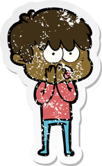 distressed sticker of a worried cartoon boy