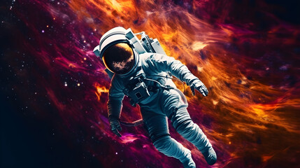 Fototapeta na wymiar Astronaut floating in the space with a huge explosion behind, orange red fire, space galaxi, pc wallpaper, aurora borealis, detail hd 4k 