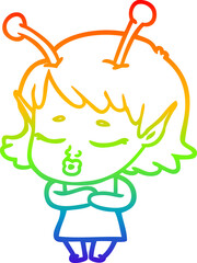 rainbow gradient line drawing of a cute alien girl cartoon