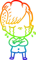rainbow gradient line drawing of a cartoon crying girl with crossed arms