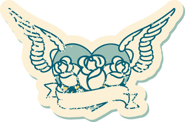 iconic distressed sticker tattoo style image of a flying heart with flowers and banner