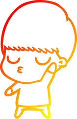 warm gradient line drawing of a cartoon calm boy