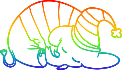 rainbow gradient line drawing of a cartoon sleeping elephant in pajamas