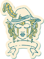 Retro Tattoo Style crying elf bard character face with banner