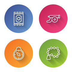 Set line Traditional carpet, Ramadan cannon, Qibla and Rosary beads religion. Color circle button. Vector