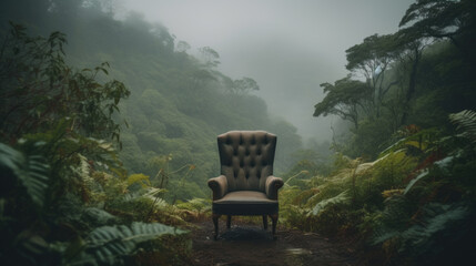 Old chair sits in the middle of a forest. Generative AI