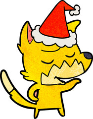 friendly hand drawn textured cartoon of a fox wearing santa hat